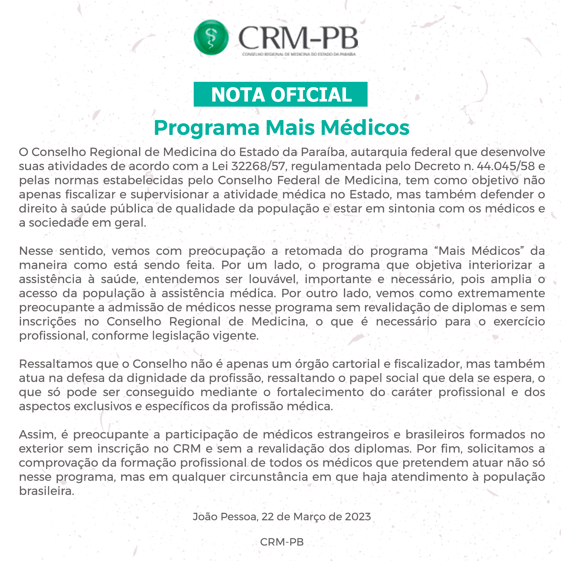 CRM-PB emite nota oficial sobre o Programa Mais Médicos
