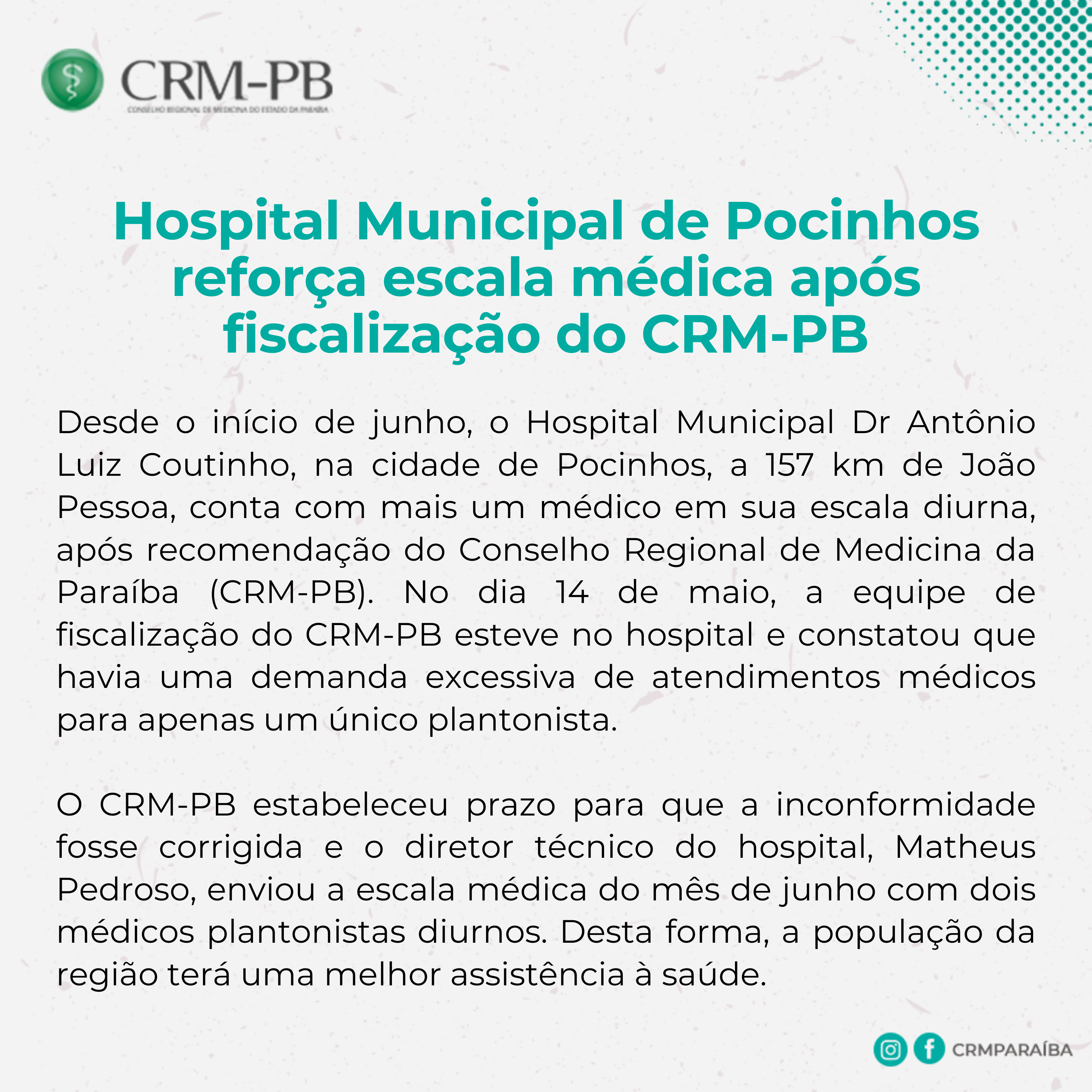Hospital Municipal de Pocinhos reforça escala médica após fiscalização do CRM-PB