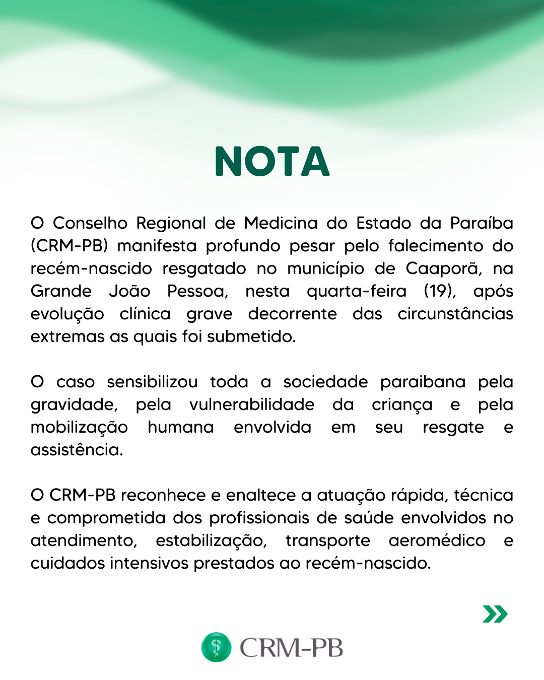 Nota de pesar pelo falecimento do recém-nascido resgatado no município de Caaporã